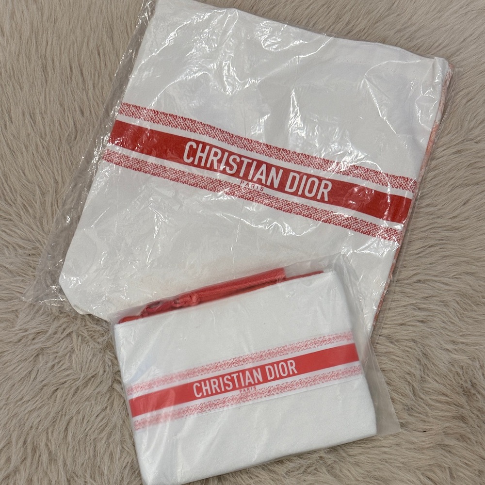 Christian Dior White and Coral Tote and Wristlet/Pouch Set